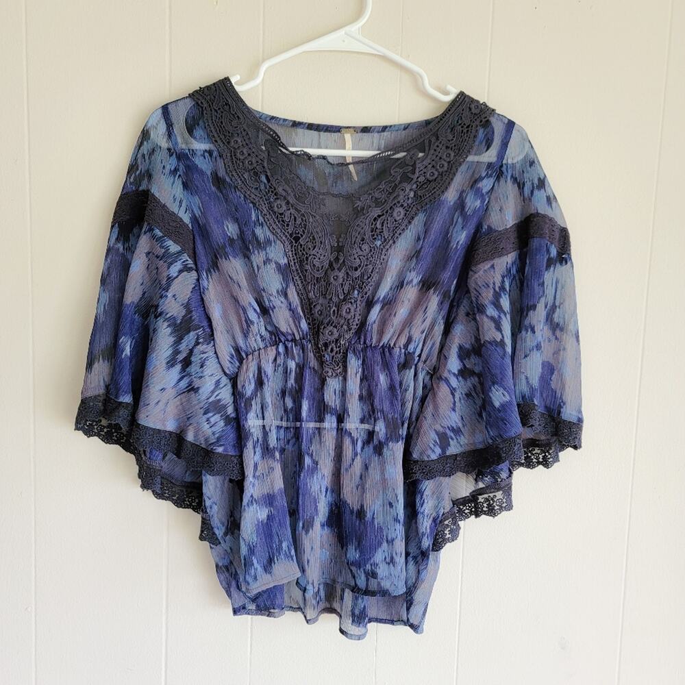 Free People Blue Patterned Peasant Blouse with Lace Detail